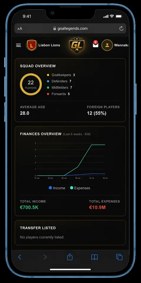 Goal Legends dashboard shown on a mobile phone